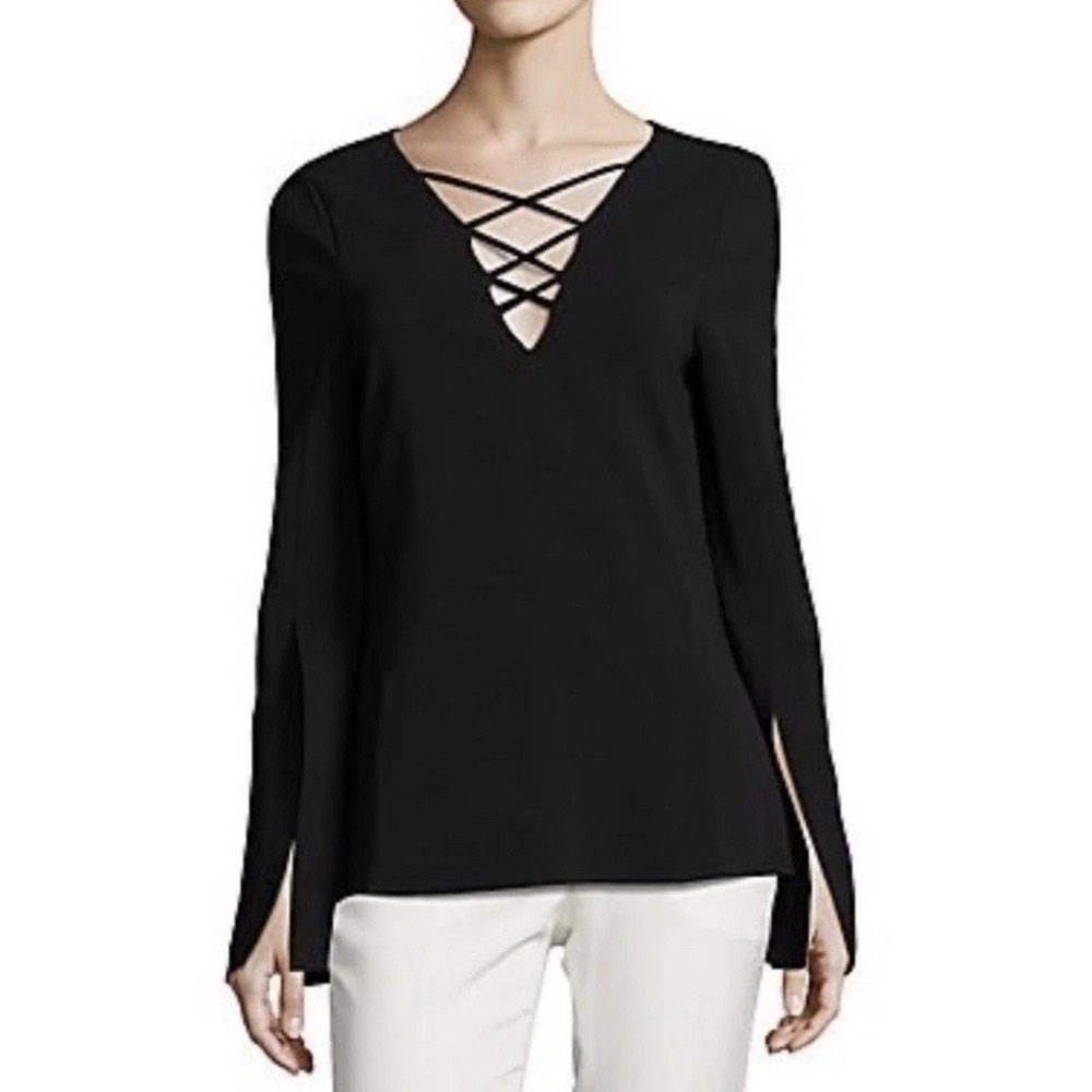 Ramy Brook Allie Black Lace-Up Long Sleeve Top Women's 2 S Flared Slit Sleeve